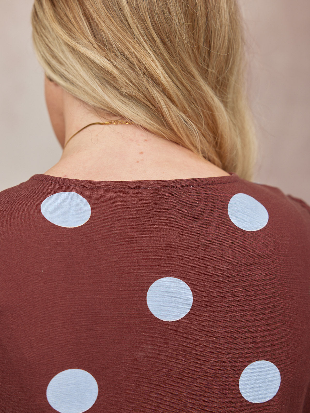 Rodica Puff Sleeve Dress - Brown & Blue Polka Dot