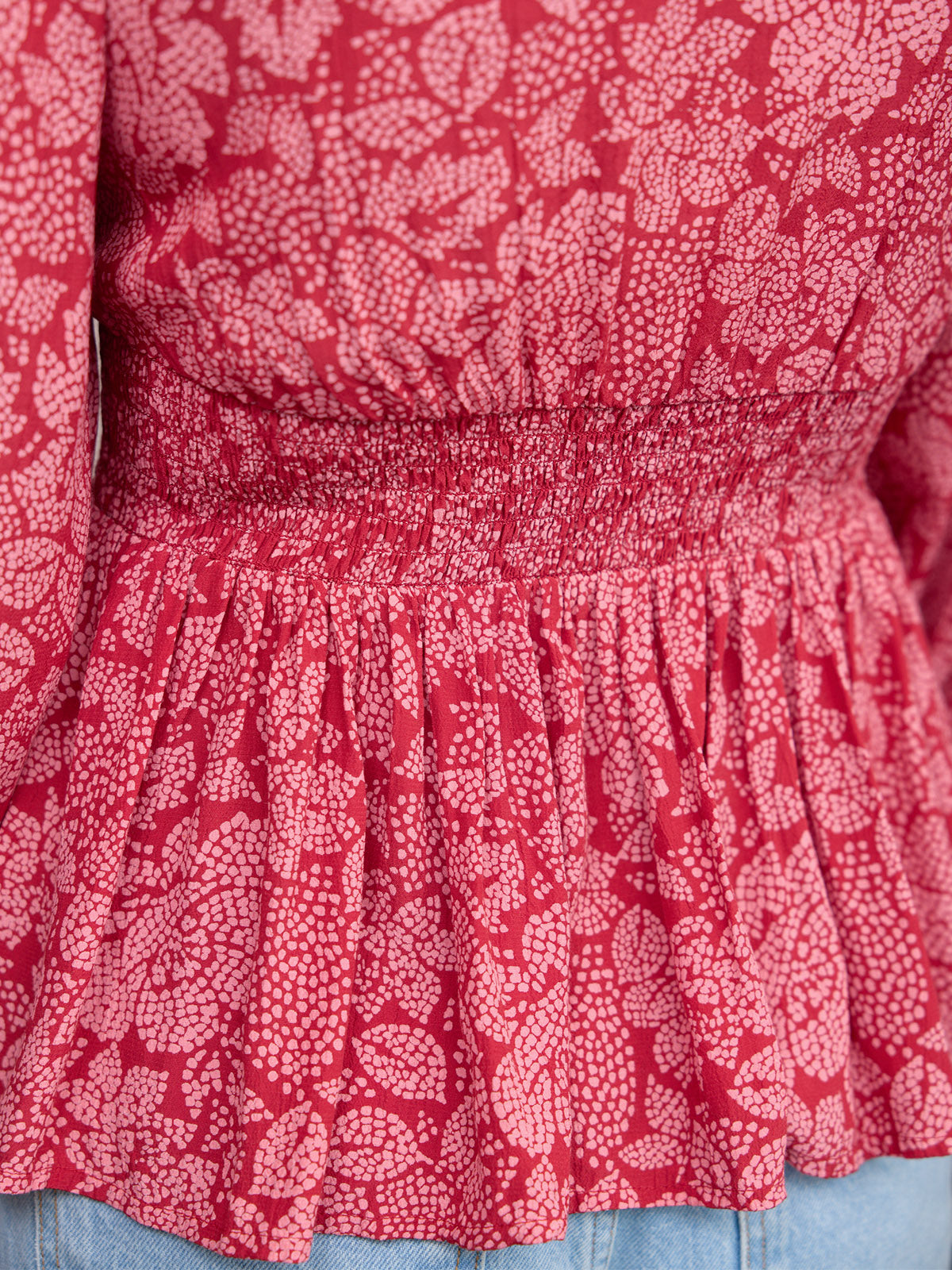 Yara Long Sleeve V-Neck Top - Red & Pink Abstract Floral Print