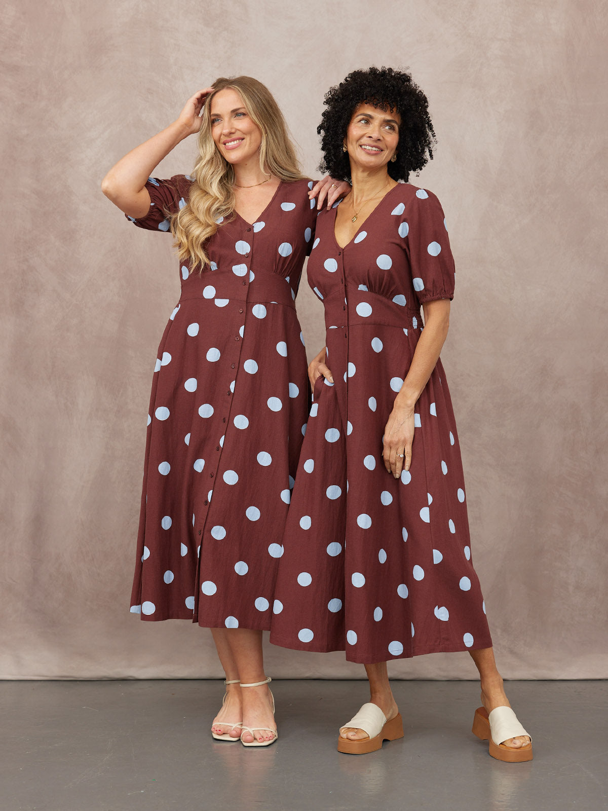 Rodica Puff Sleeve Dress - Brown & Blue Polka Dot