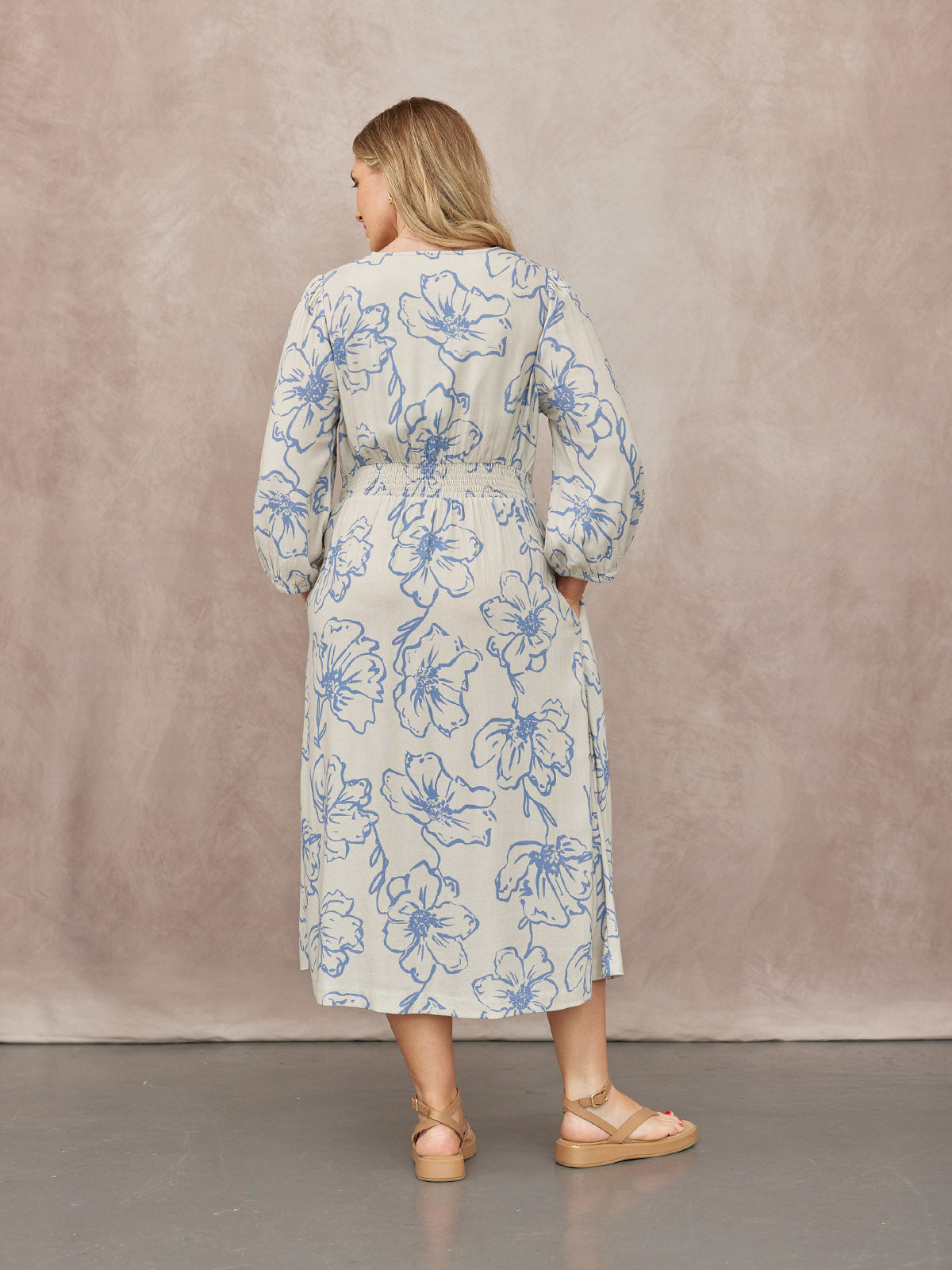 Hilary Printed Linen Mix Dress - Blue Floral