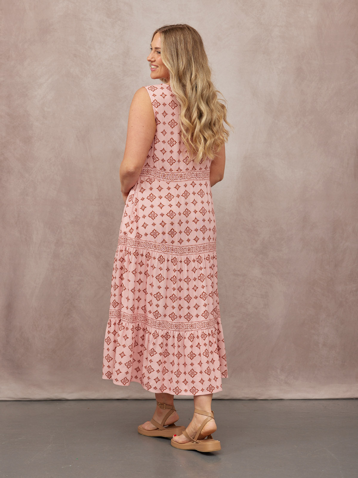 Marie Sleeveless Tiered Dress - Pink & Rust Print