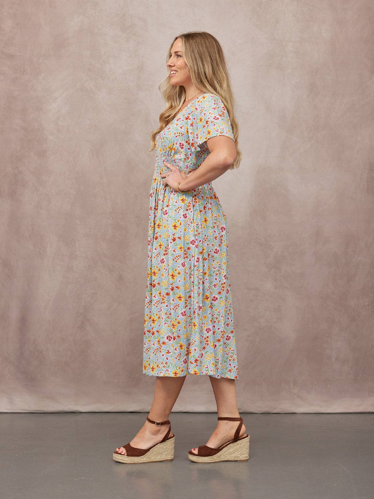 Maddie Short Sleeve Dress - Light Blue Floral Print