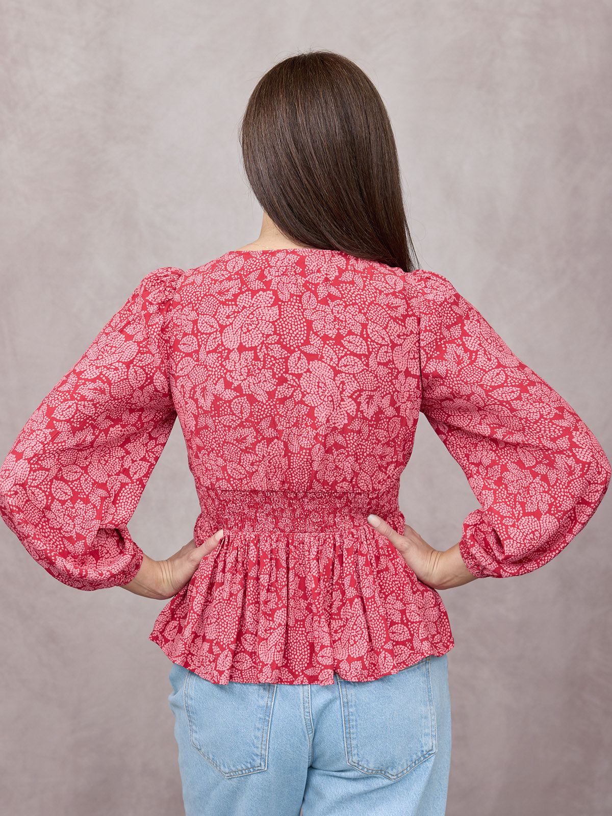 Yara Long Sleeve V-Neck Top - Red & Pink Abstract Floral Print