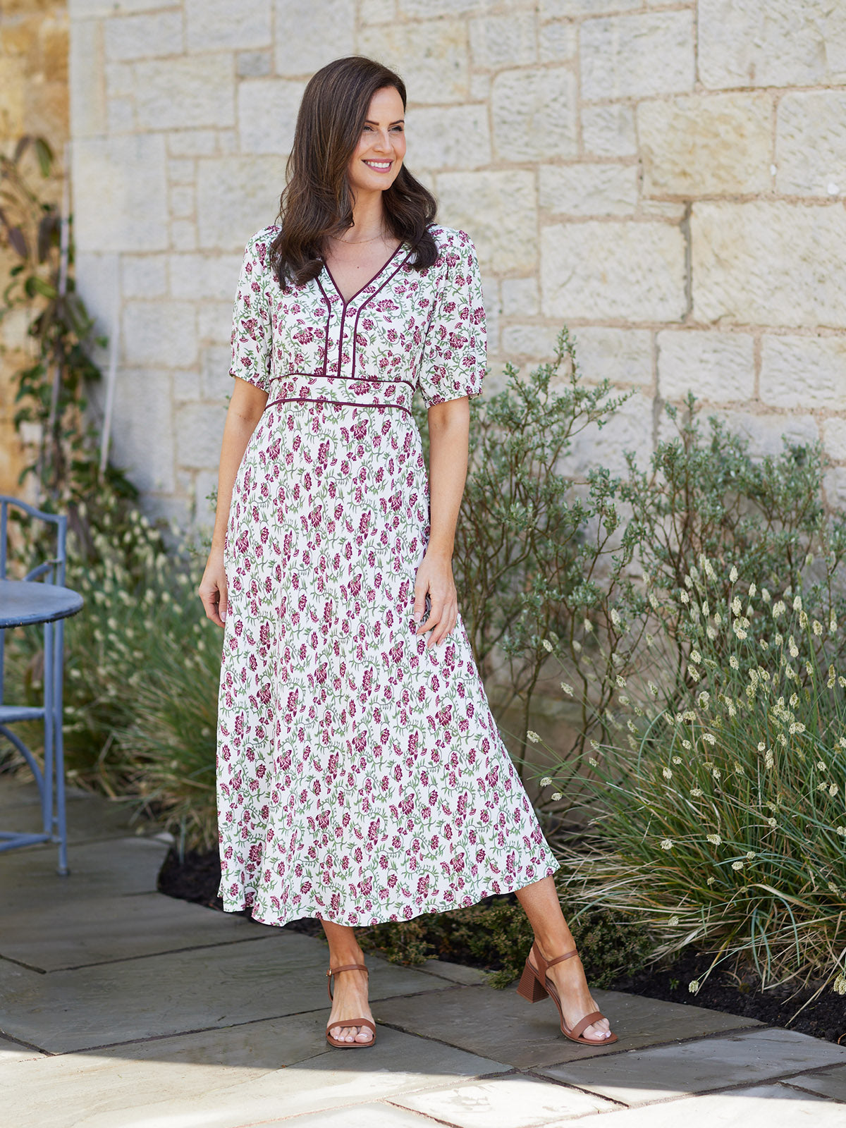 Linny Contrast Trim Dress - Pink Floral Print
