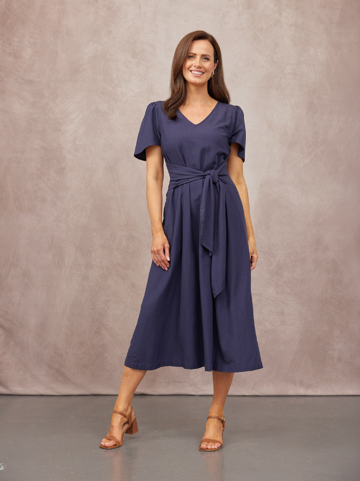 Ruth Angel Sleeve Tie Waist Dress - Navy