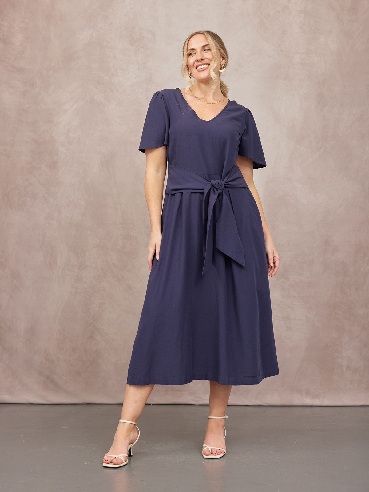 Ruth Angel Sleeve Tie Waist Dress - Navy