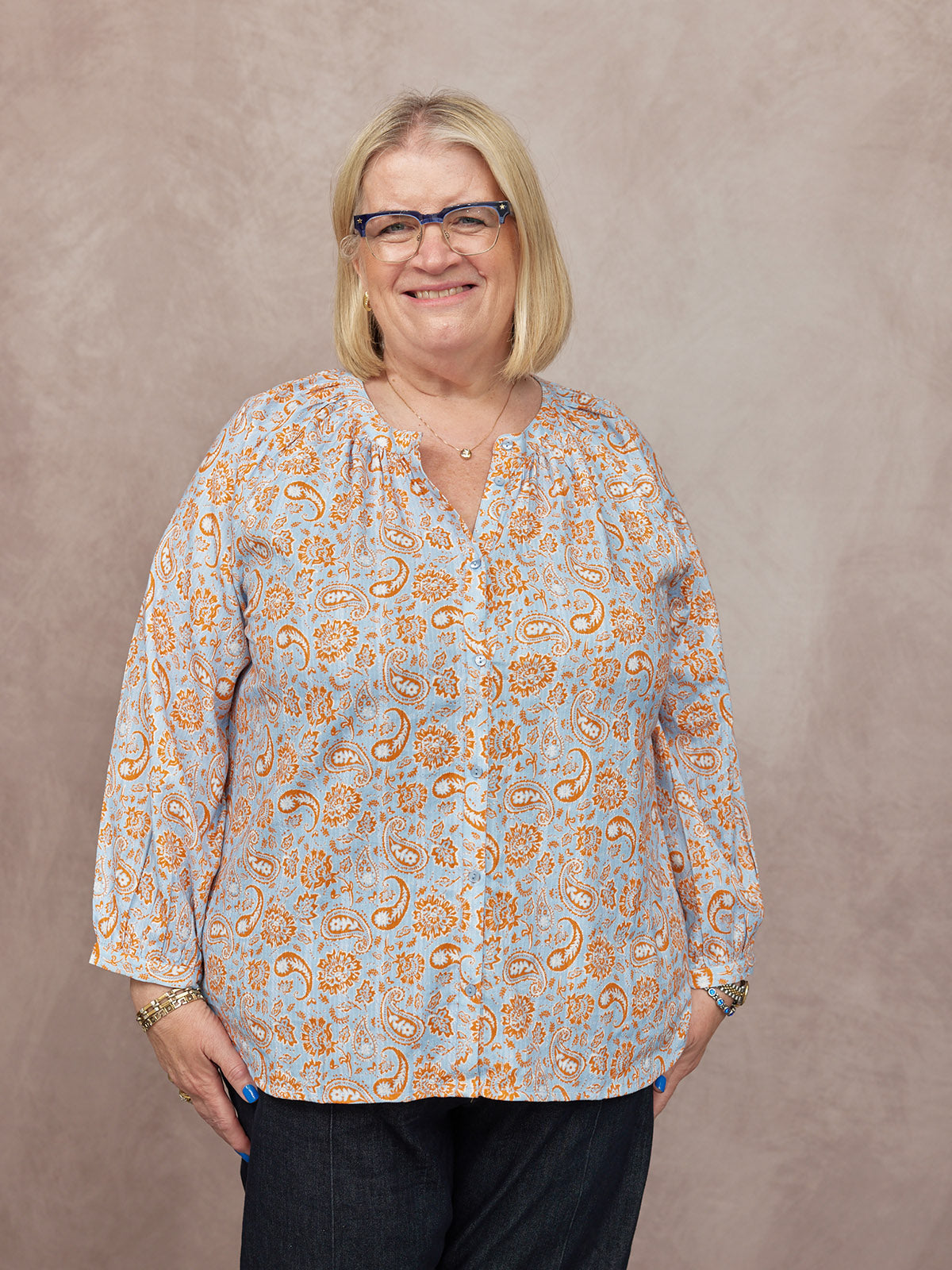 Niya Button-Through Blouse - Light Blue & Orange Paisley Print