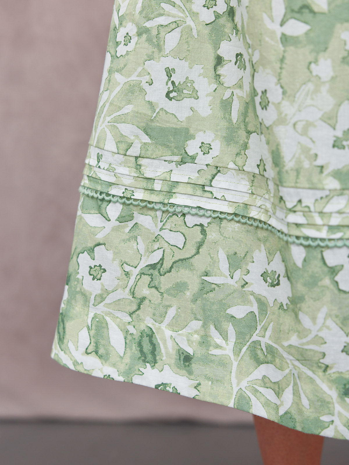 May Long Sleeve Shirred Neckline Dress - Green & White Watercolour Floral Print