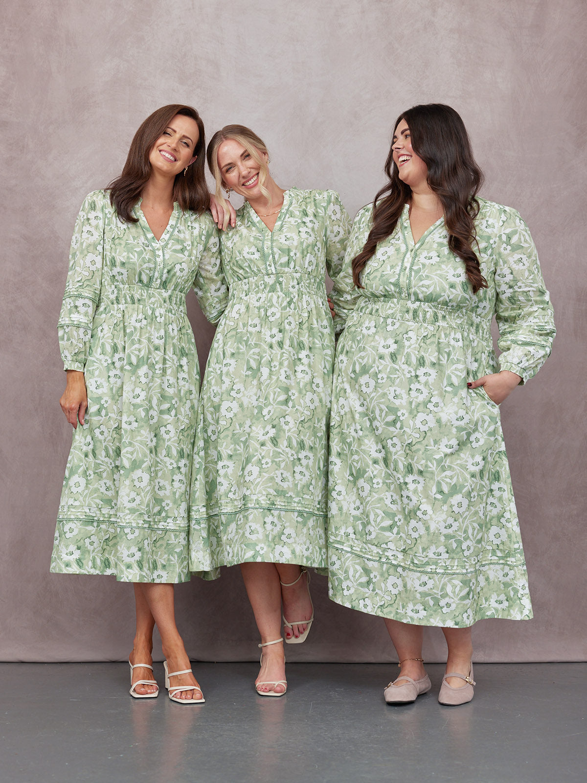 May Long Sleeve Shirred Neckline Dress - Green & White Watercolour Floral Print