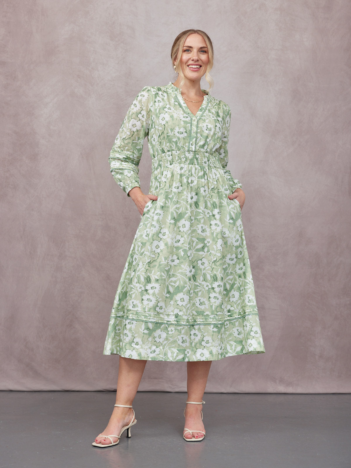 May Long Sleeve Shirred Neckline Dress - Green & White Watercolour Floral Print