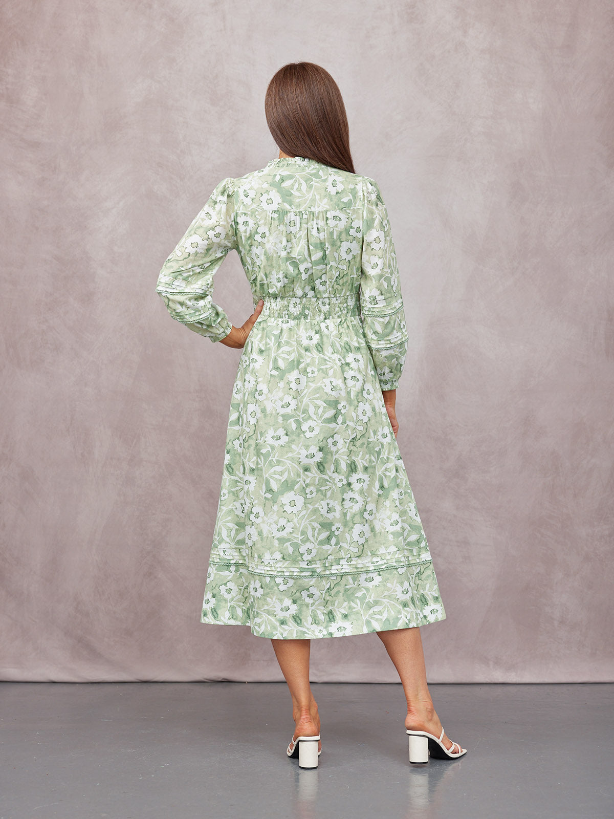 May Long Sleeve Shirred Neckline Dress - Green & White Watercolour Floral Print
