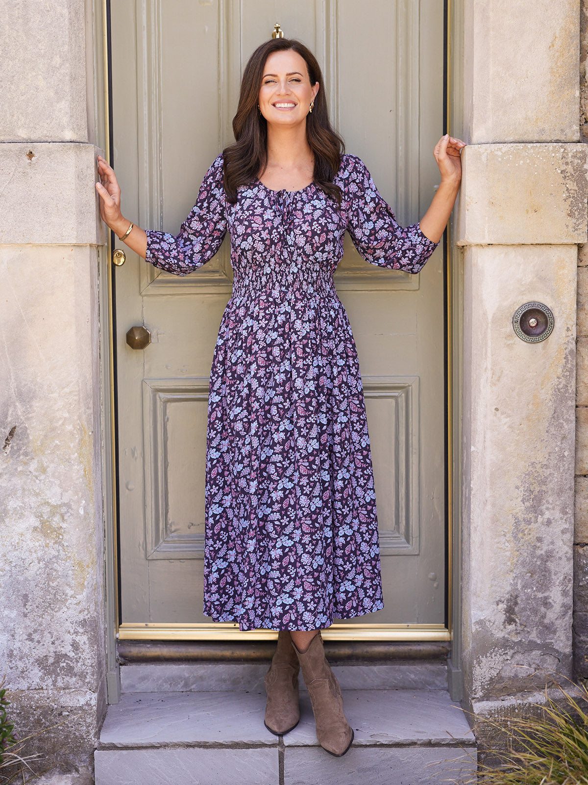 Marisol Scoop Neck Shirred Dress - Navy Floral