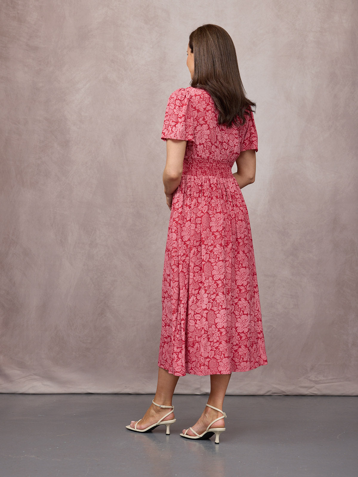 Maddie Short Angel Sleeve Dress - Red & Pink Abstract Flower Print