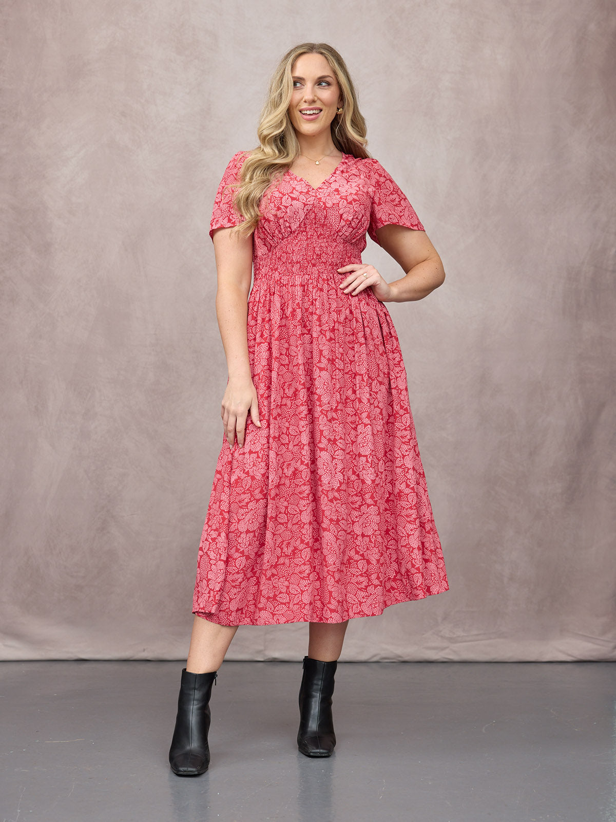 Maddie Short Angel Sleeve Dress - Red & Pink Abstract Flower Print