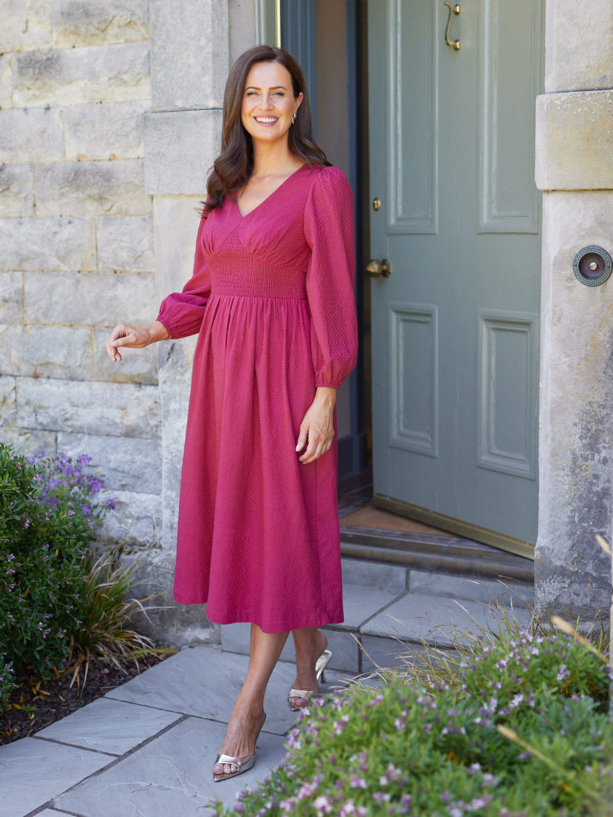 Maddie V-Neck Long Sleeve Jacquard Dress - Dark Pink