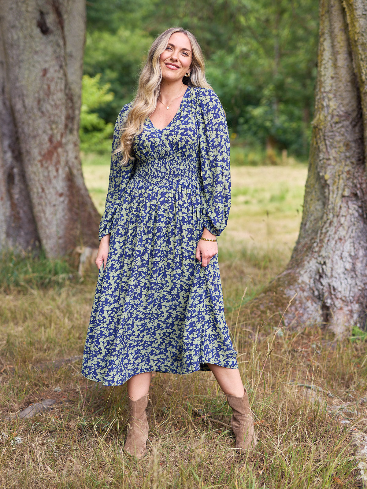 Maddie Long Sleeve Dress - Navy & Green Leaf Print