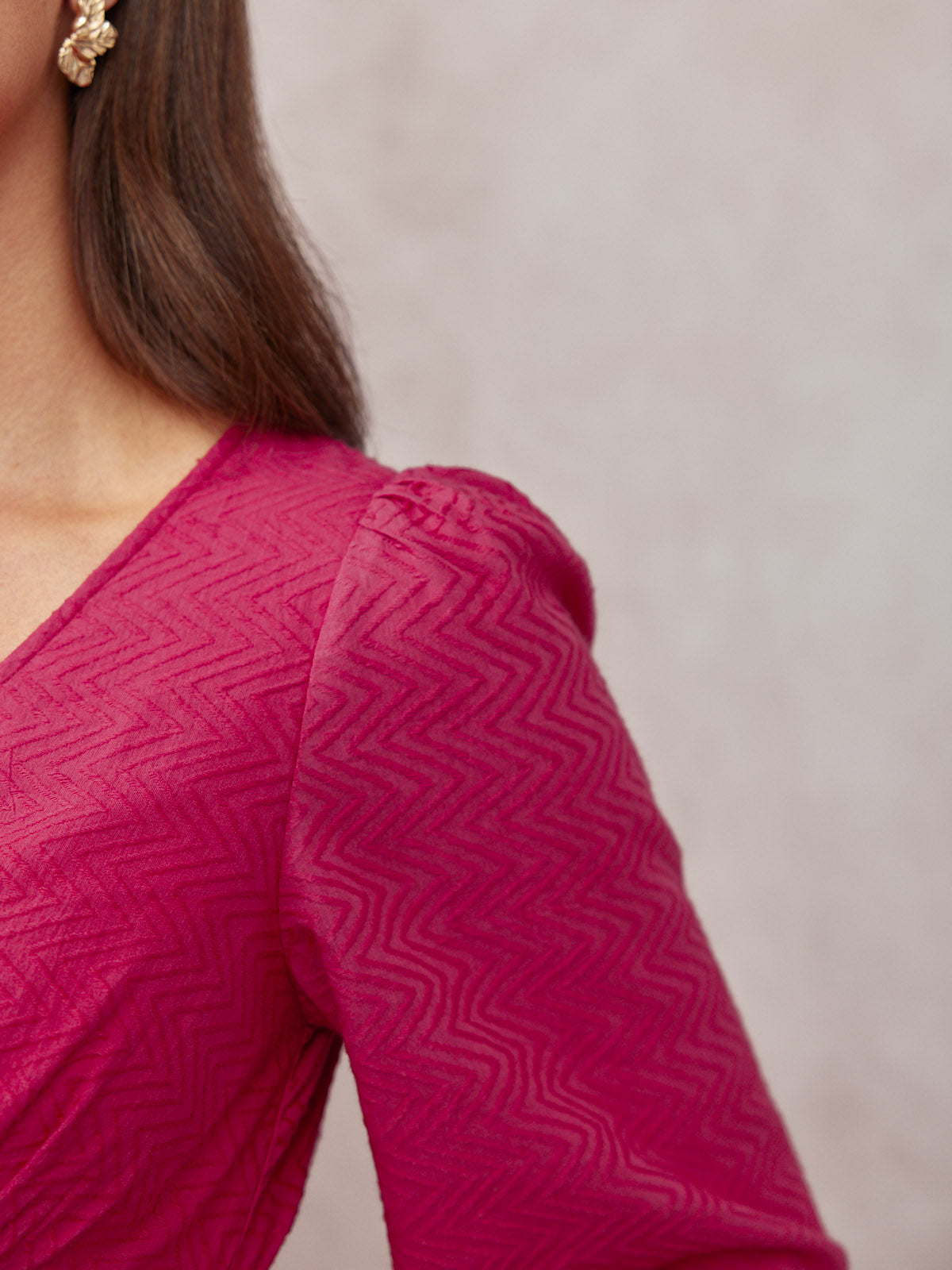 Maddie V-Neck Long Sleeve Jacquard Dress - Dark Pink