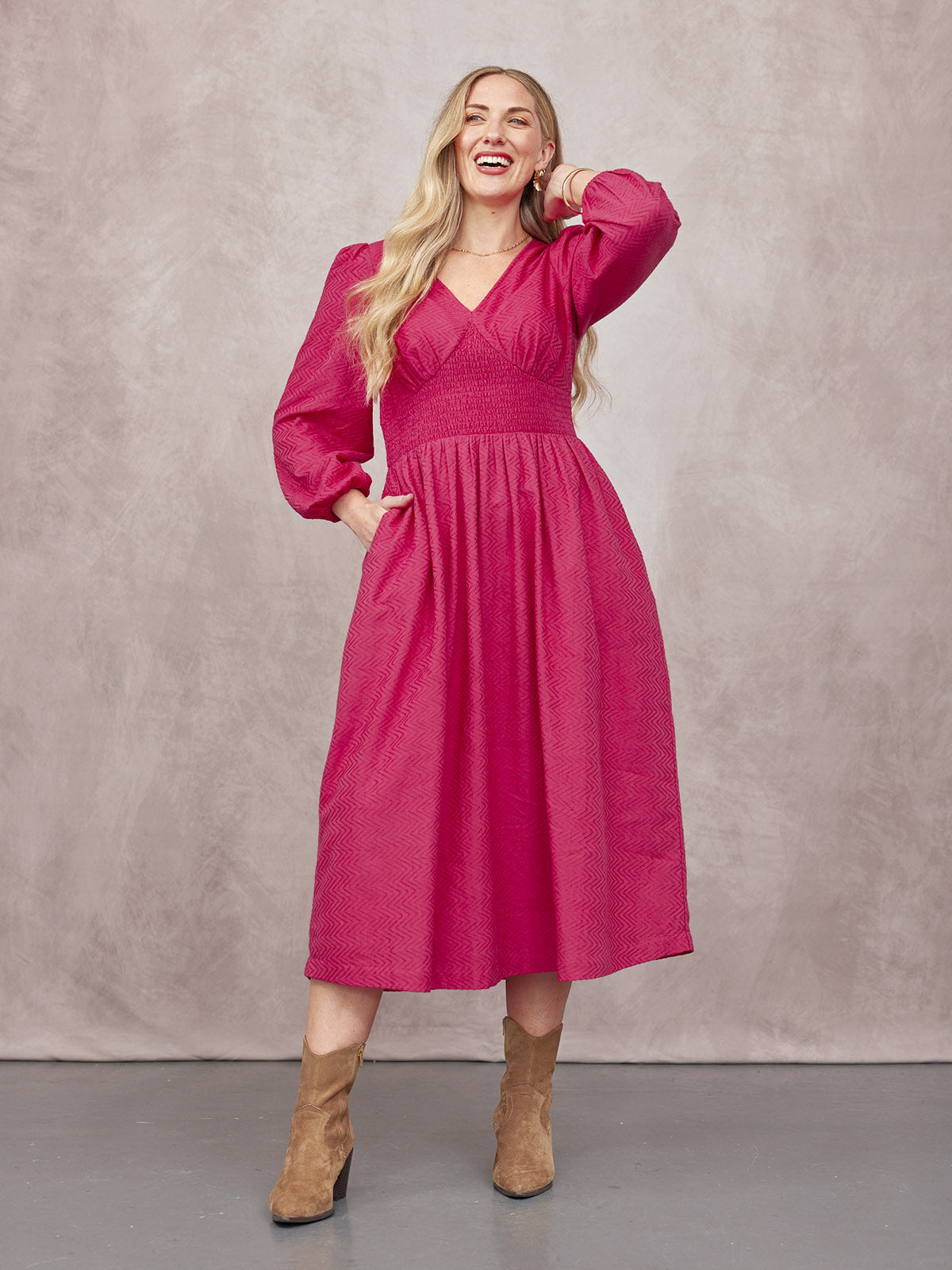 Maddie V-Neck Long Sleeve Jacquard Dress - Dark Pink