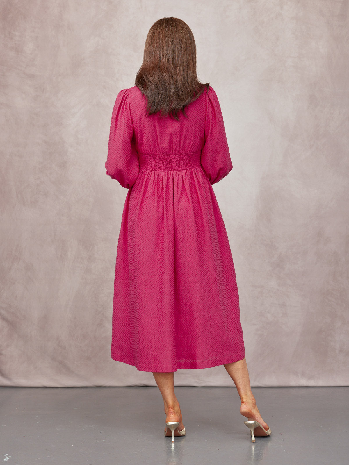 Maddie V-Neck Long Sleeve Jacquard Dress - Dark Pink