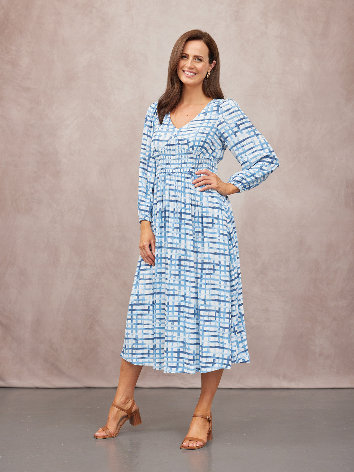 Maddie V-Neck Long Sleeve Dress - Geometric Blue & White Print