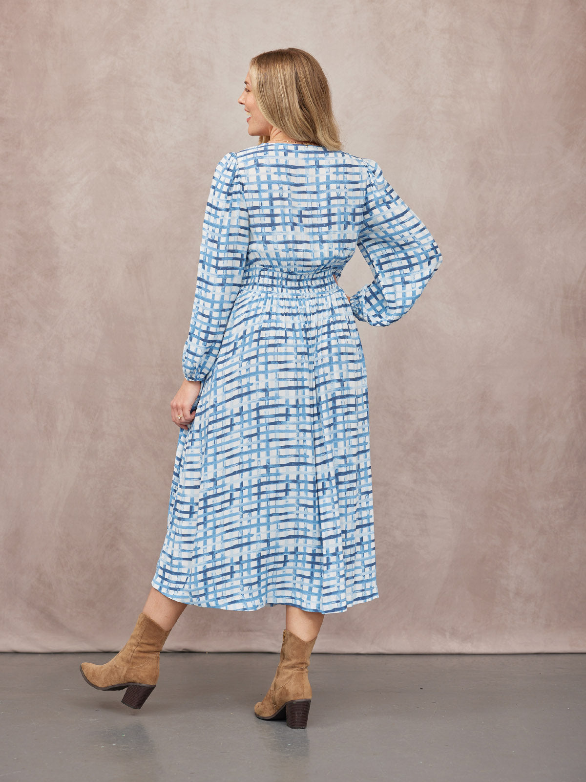 Maddie V-Neck Long Sleeve Dress - Geometric Blue & White Print