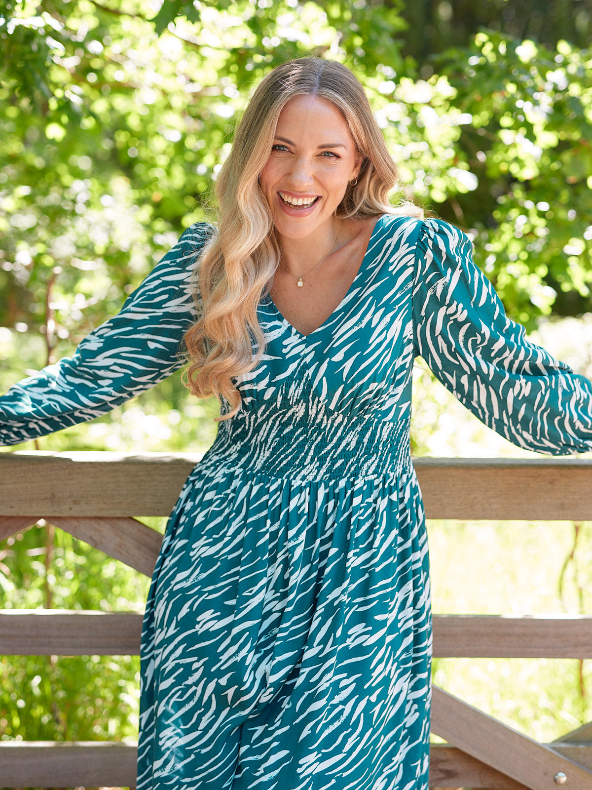 Maddie V-Neck Long Sleeve Dress - Abstract Animal Green & Ecru Print