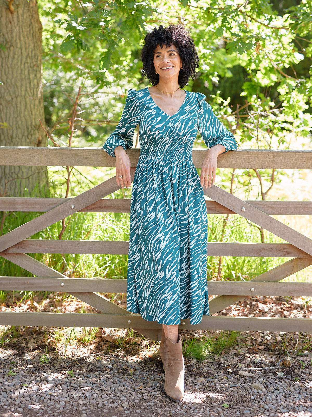 Maddie V-Neck Long Sleeve Dress - Abstract Animal Green & Ecru Print