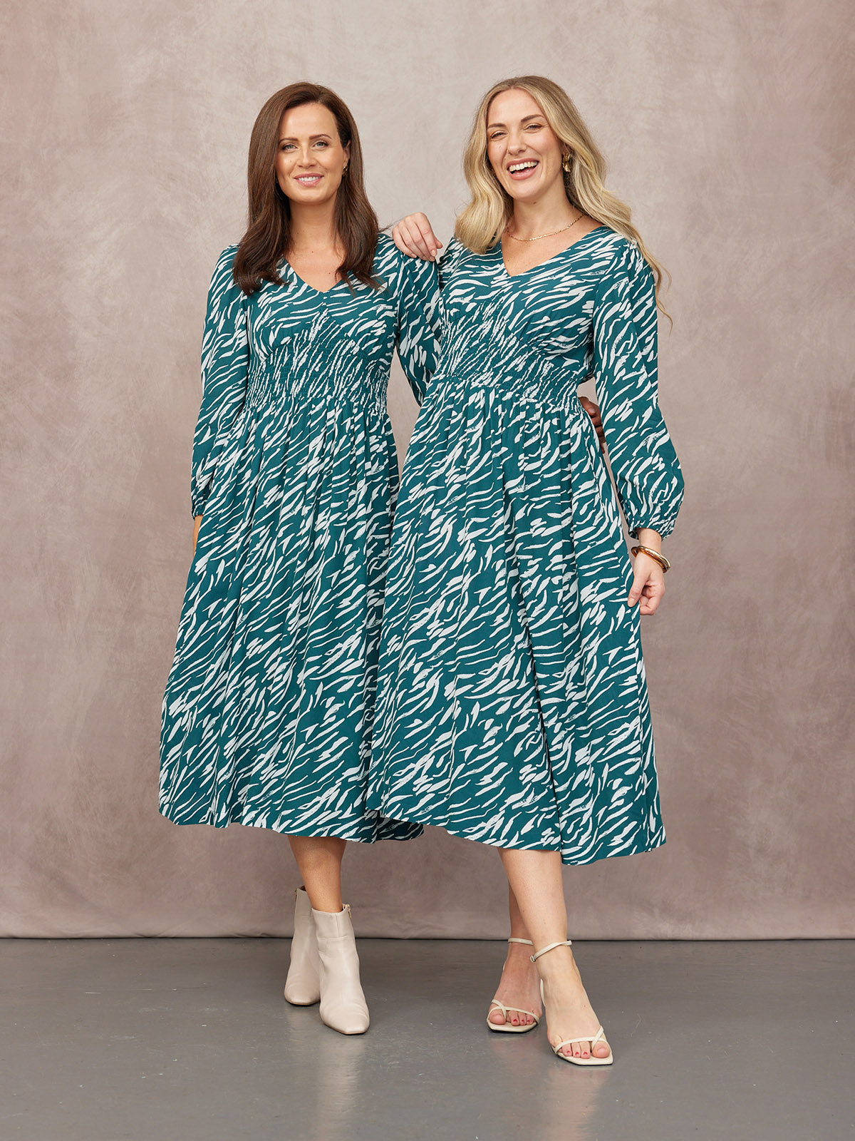 Maddie V-Neck Long Sleeve Dress - Abstract Animal Green & Ecru Print