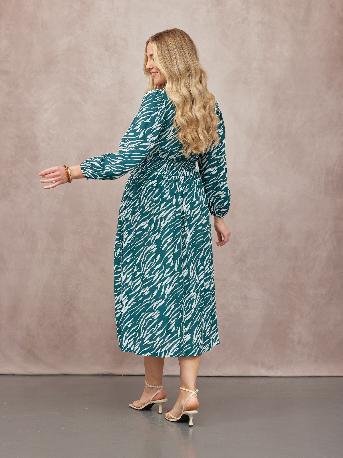 Maddie V-Neck Long Sleeve Dress - Abstract Animal Green & Ecru Print