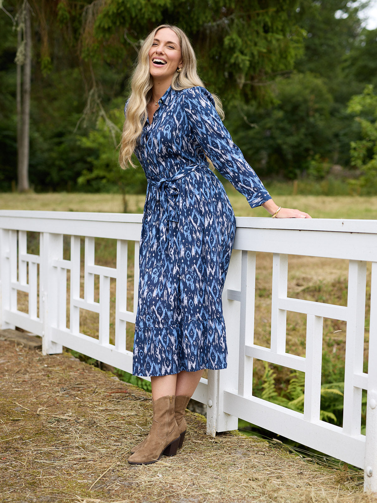 Kirsty Shirt Dress - Blue Ikat Print
