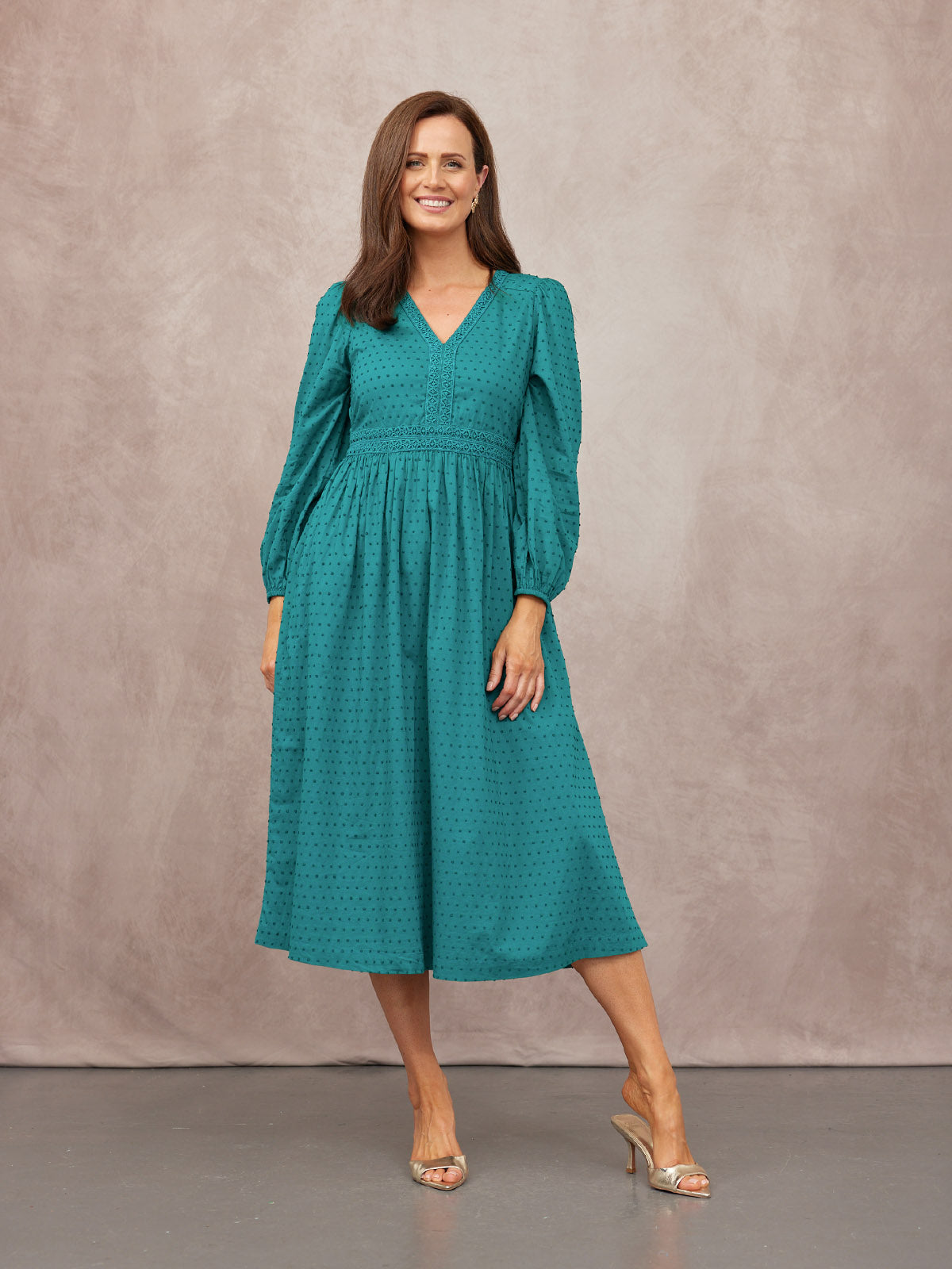 Luisa Swiss Dot Cotton Trim Detail Dress - Teal