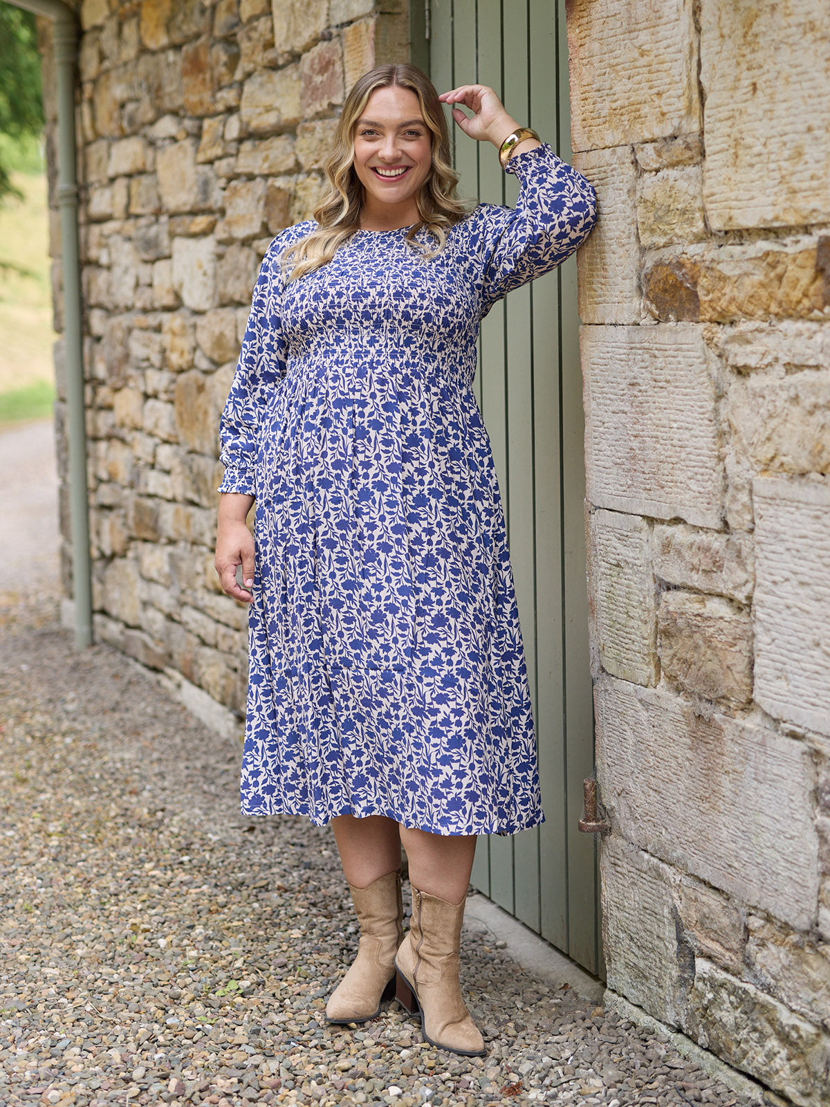 Jenny Shirred Bodice Dress - Navy Shadow Floral Print