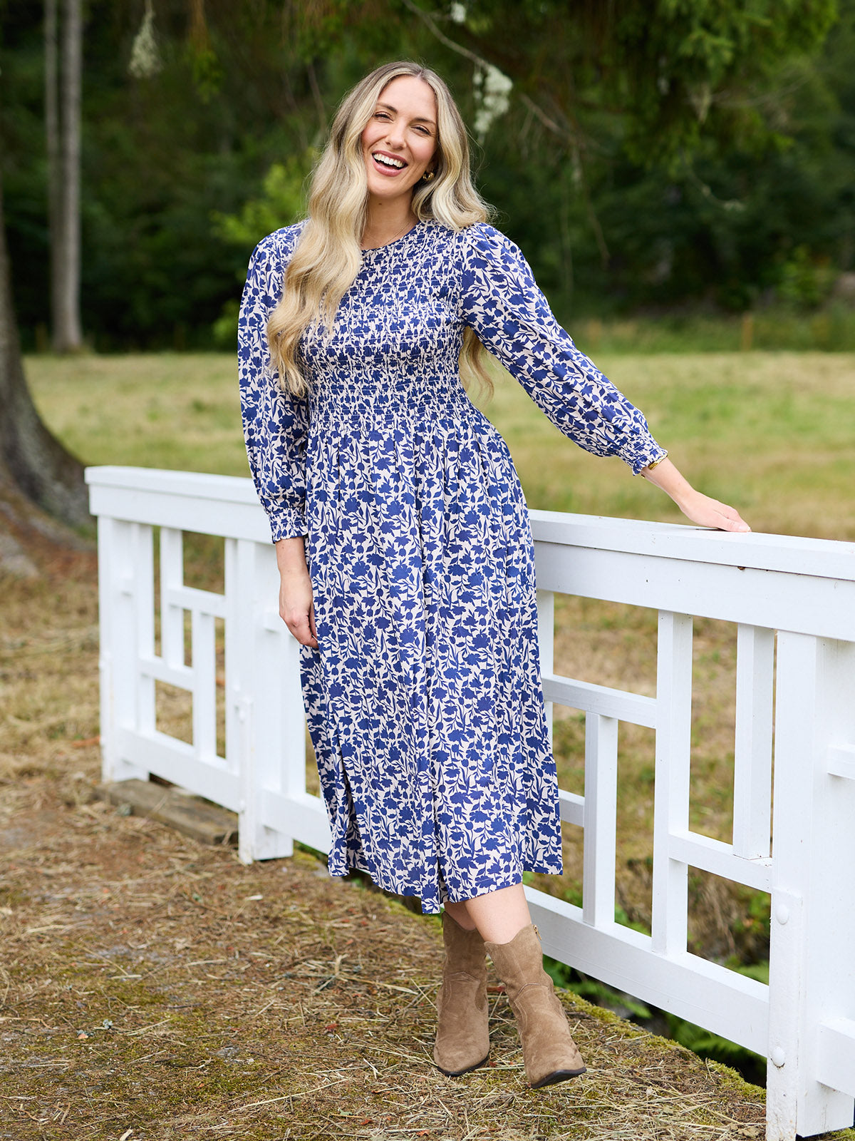Jenny Shirred Bodice Dress - Navy Shadow Floral Print
