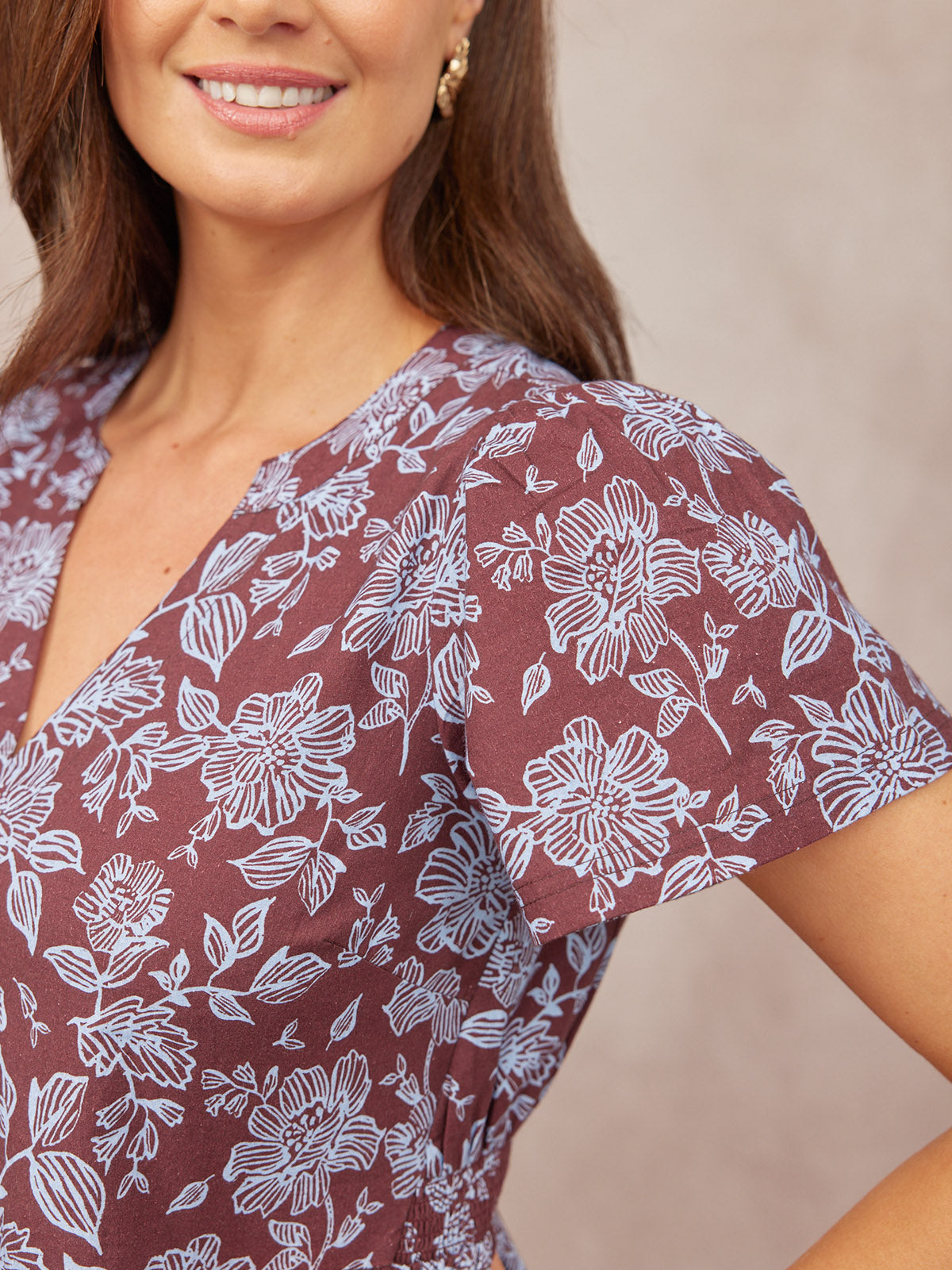 Leah Angel Sleeve Dress - Brown & Blue Floral Print