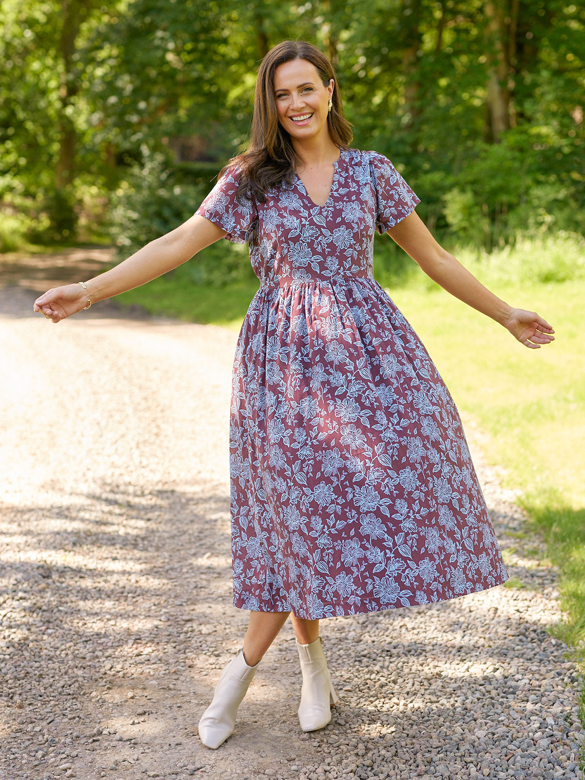 Leah Angel Sleeve Dress - Brown & Blue Floral Print