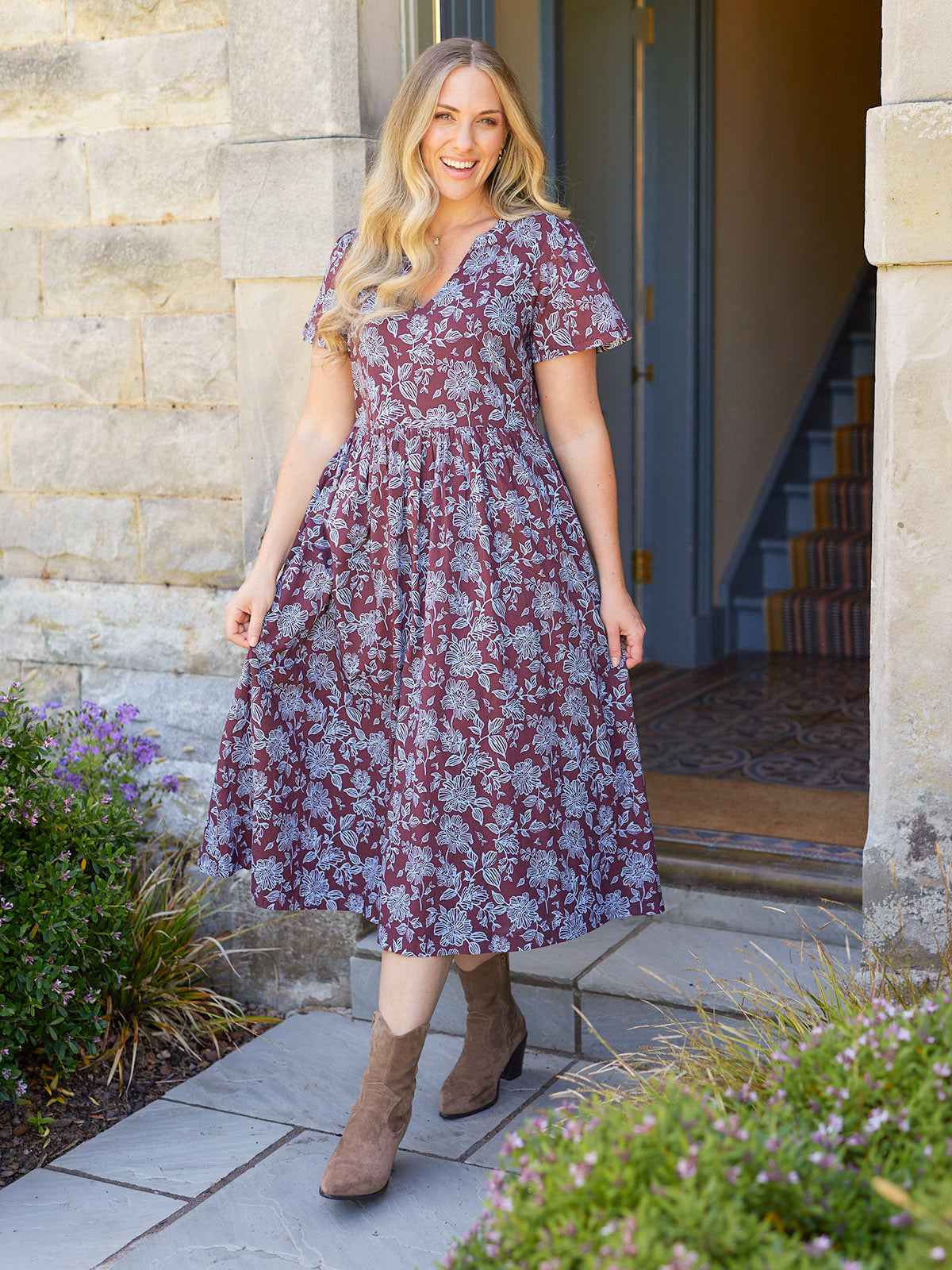 Leah Angel Sleeve Dress - Brown & Blue Floral Print