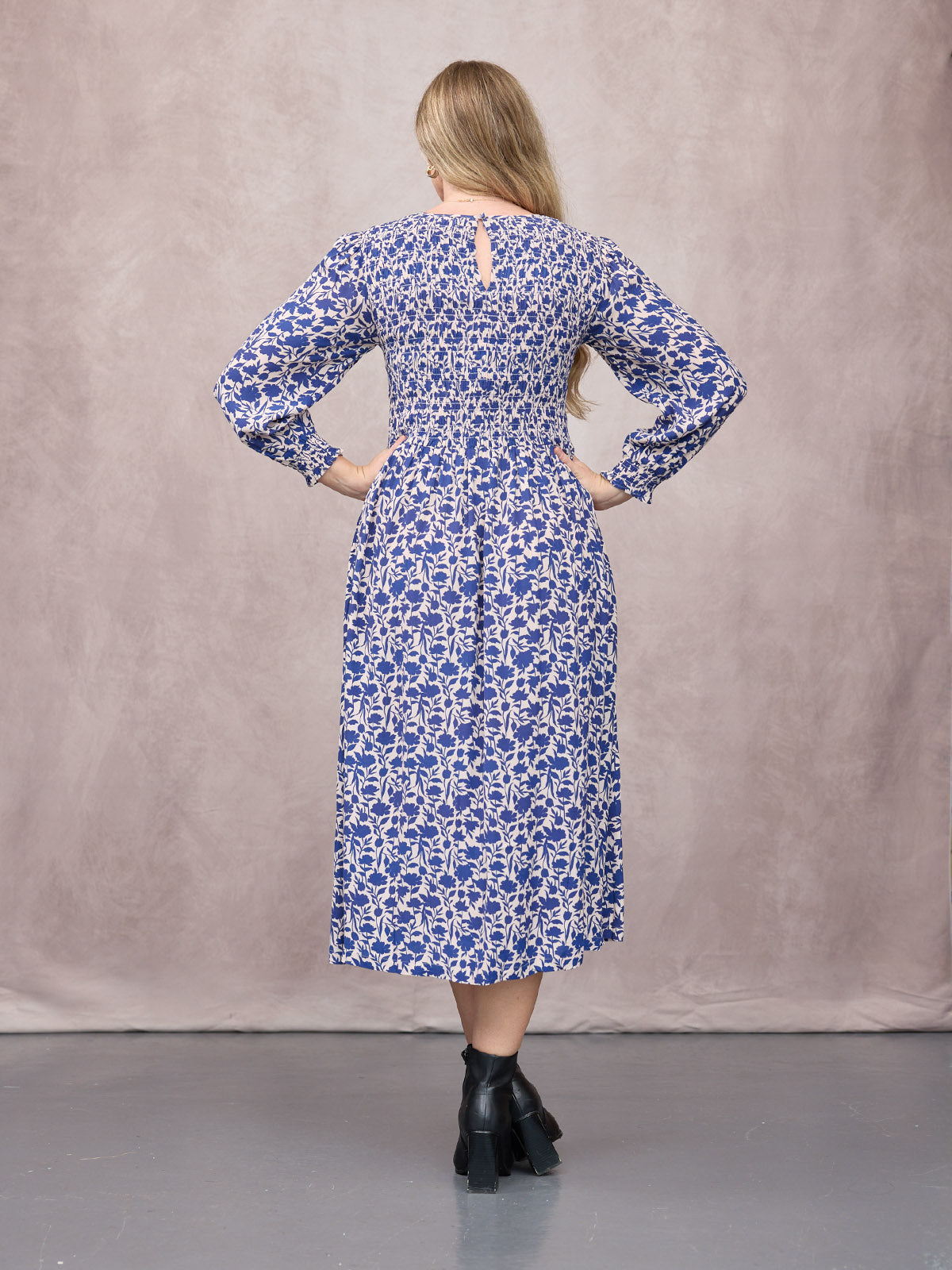 Jenny Shirred Bodice Dress - Navy Shadow Floral Print