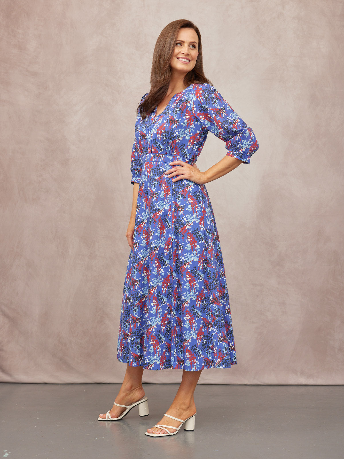 Jackie Contrast Trim Dress - Blue & Multi Floral Print