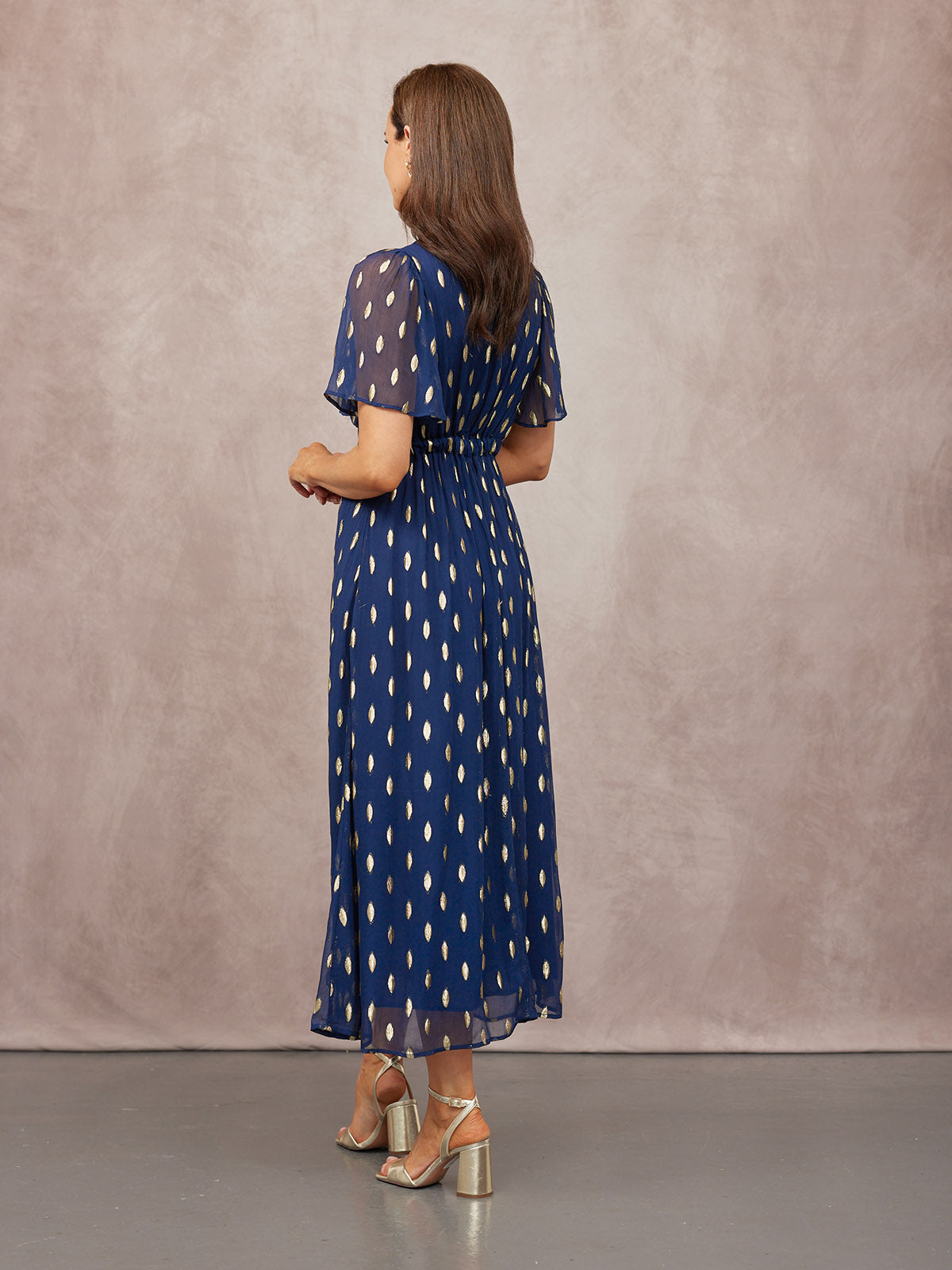 Helena Angel Sleeve Lurex Dress - Navy & Gold