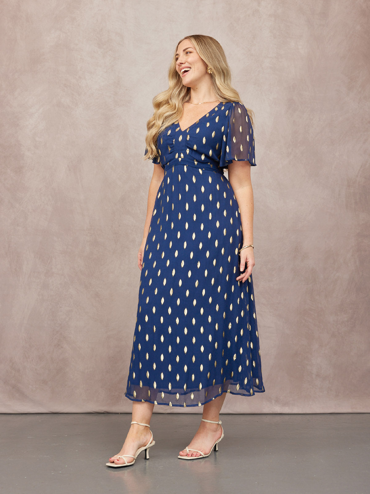 Helena Angel Sleeve Lurex Dress - Navy & Gold
