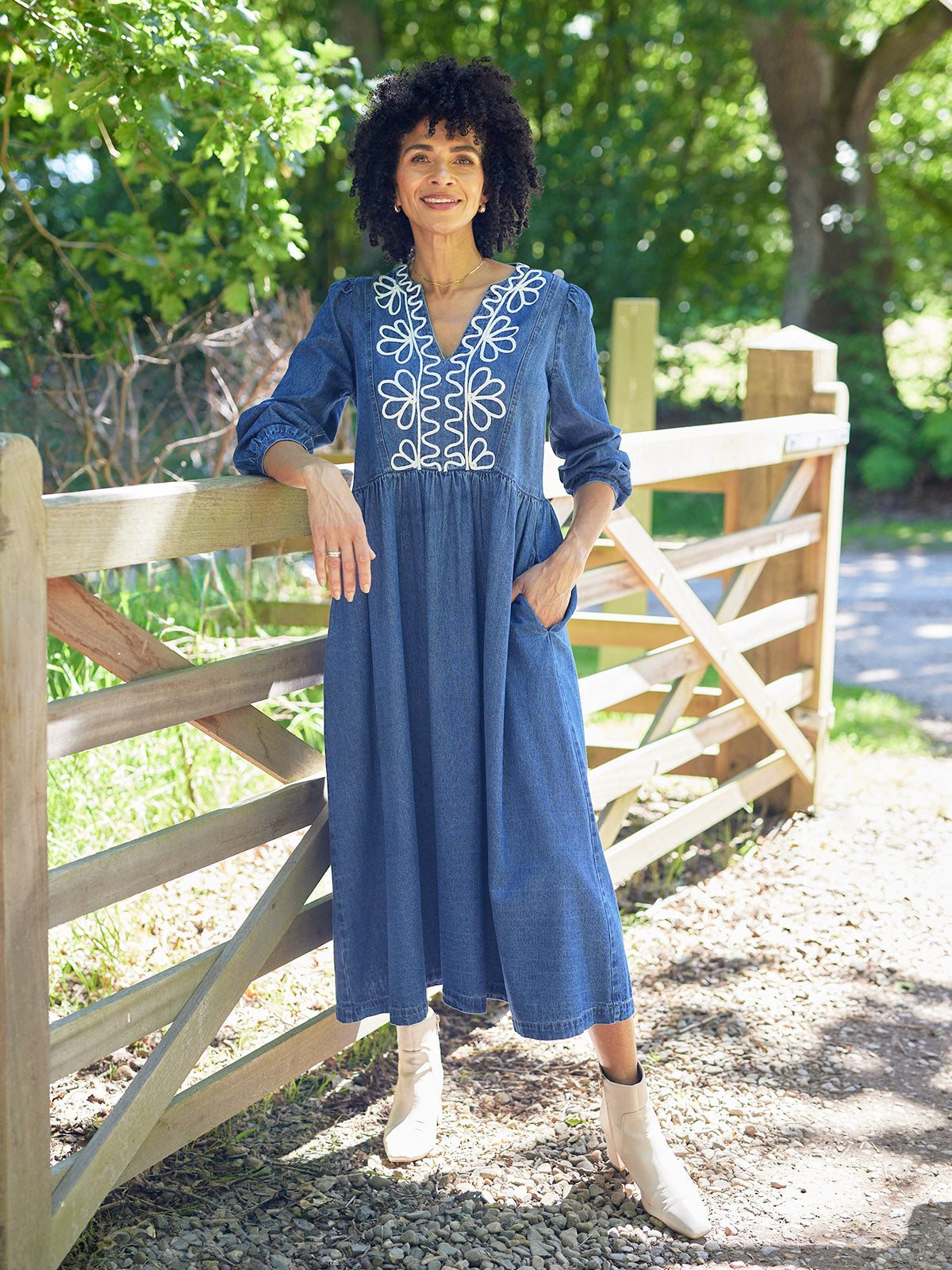 Gina Floral Decor Detail Denim Dress - Blue