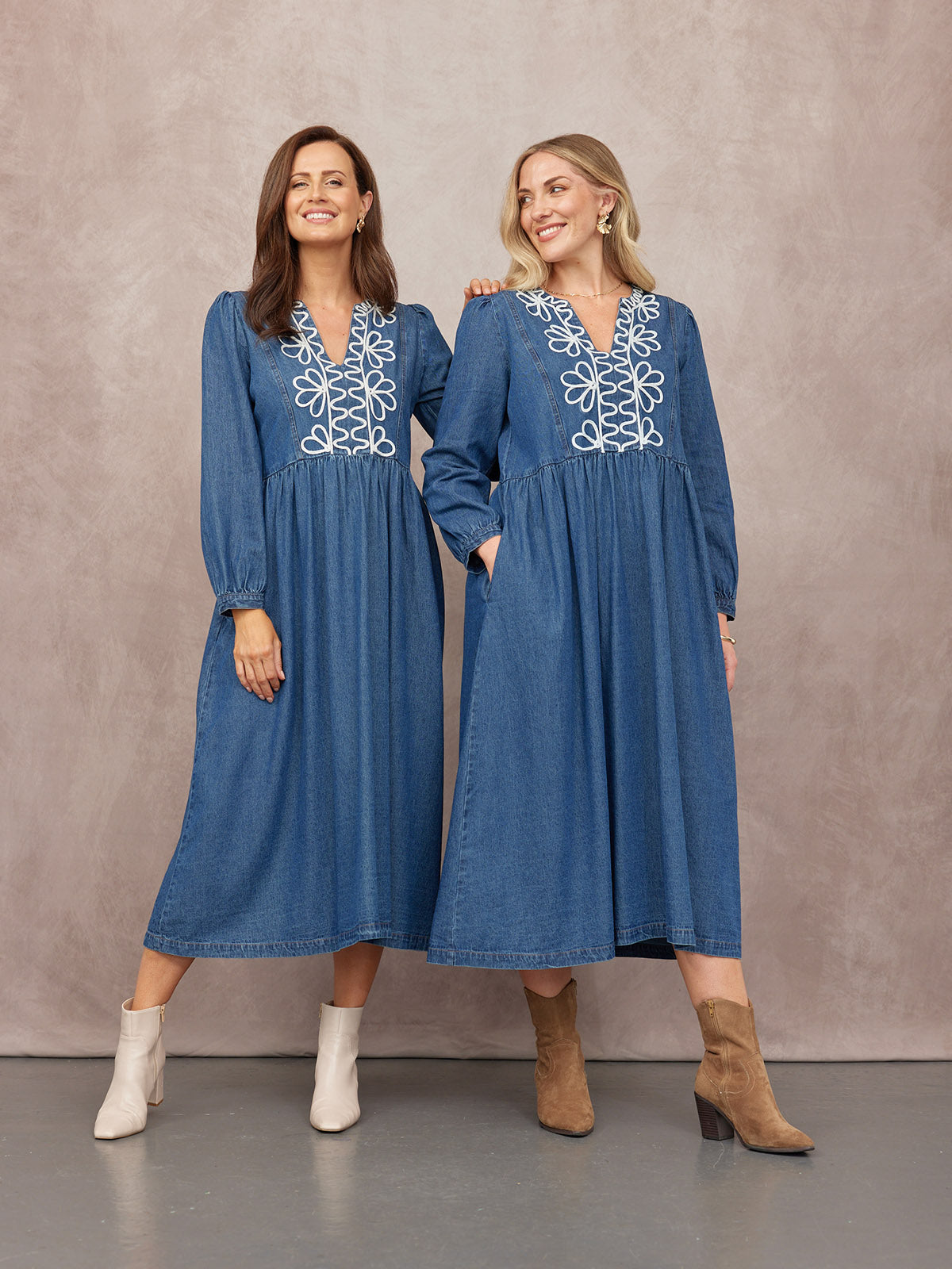 Gina Floral Decor Detail Denim Dress - Blue