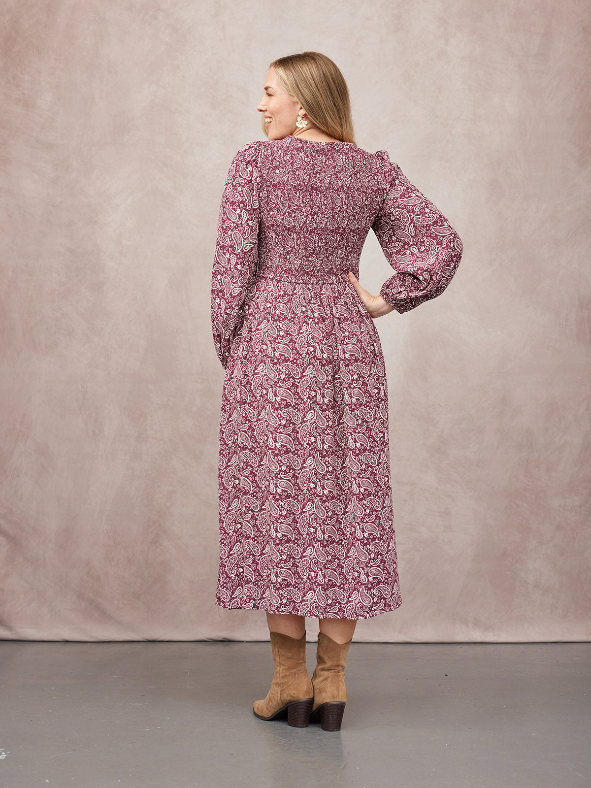Gillian Shirred Bodice Dress - Maroon Paisley Print