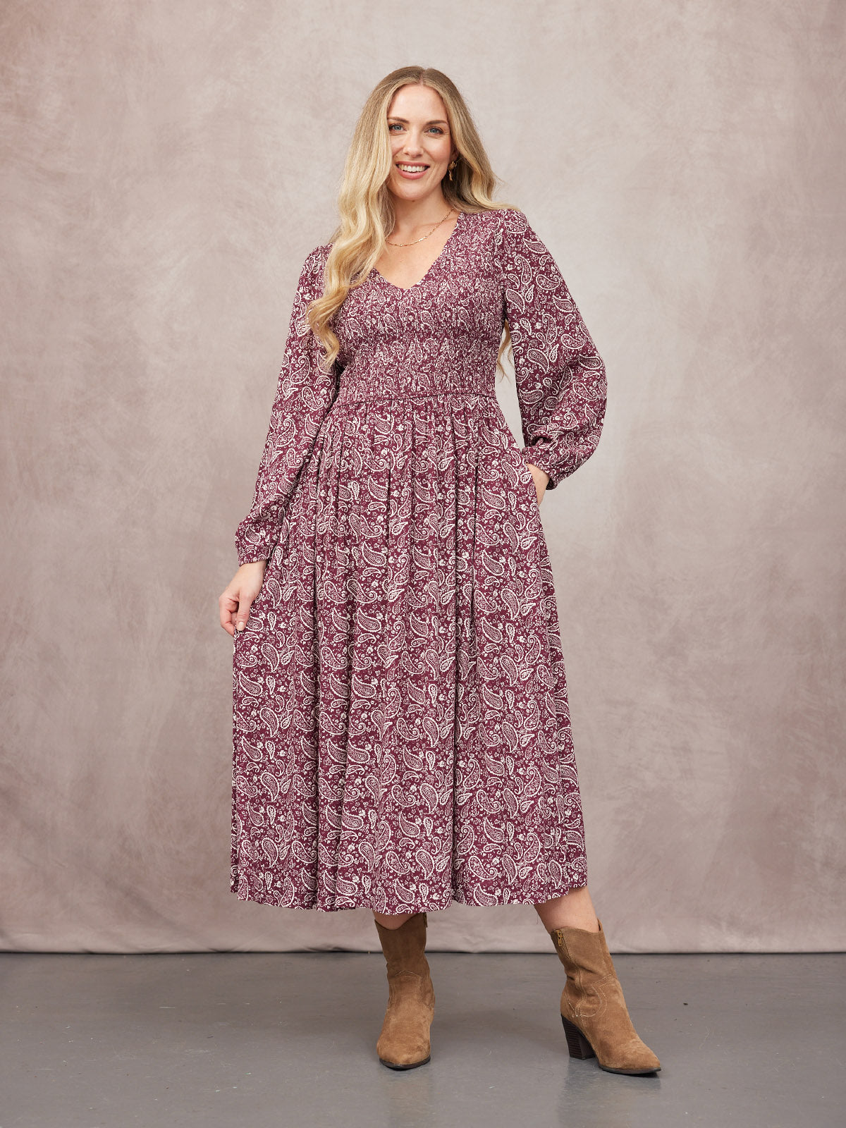 Gillian Shirred Bodice Dress - Maroon Paisley Print