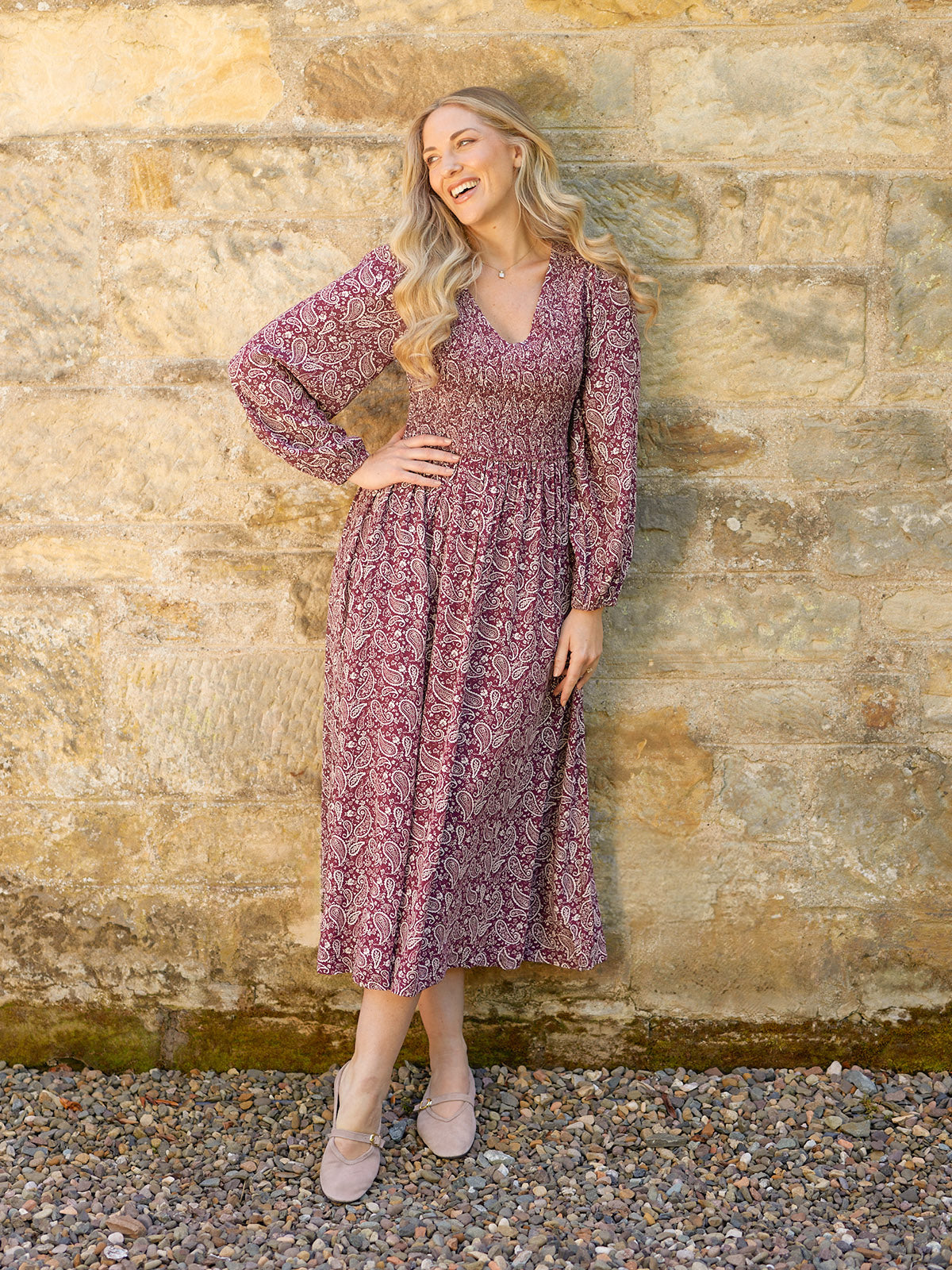 Gillian Shirred Bodice Dress - Maroon Paisley Print
