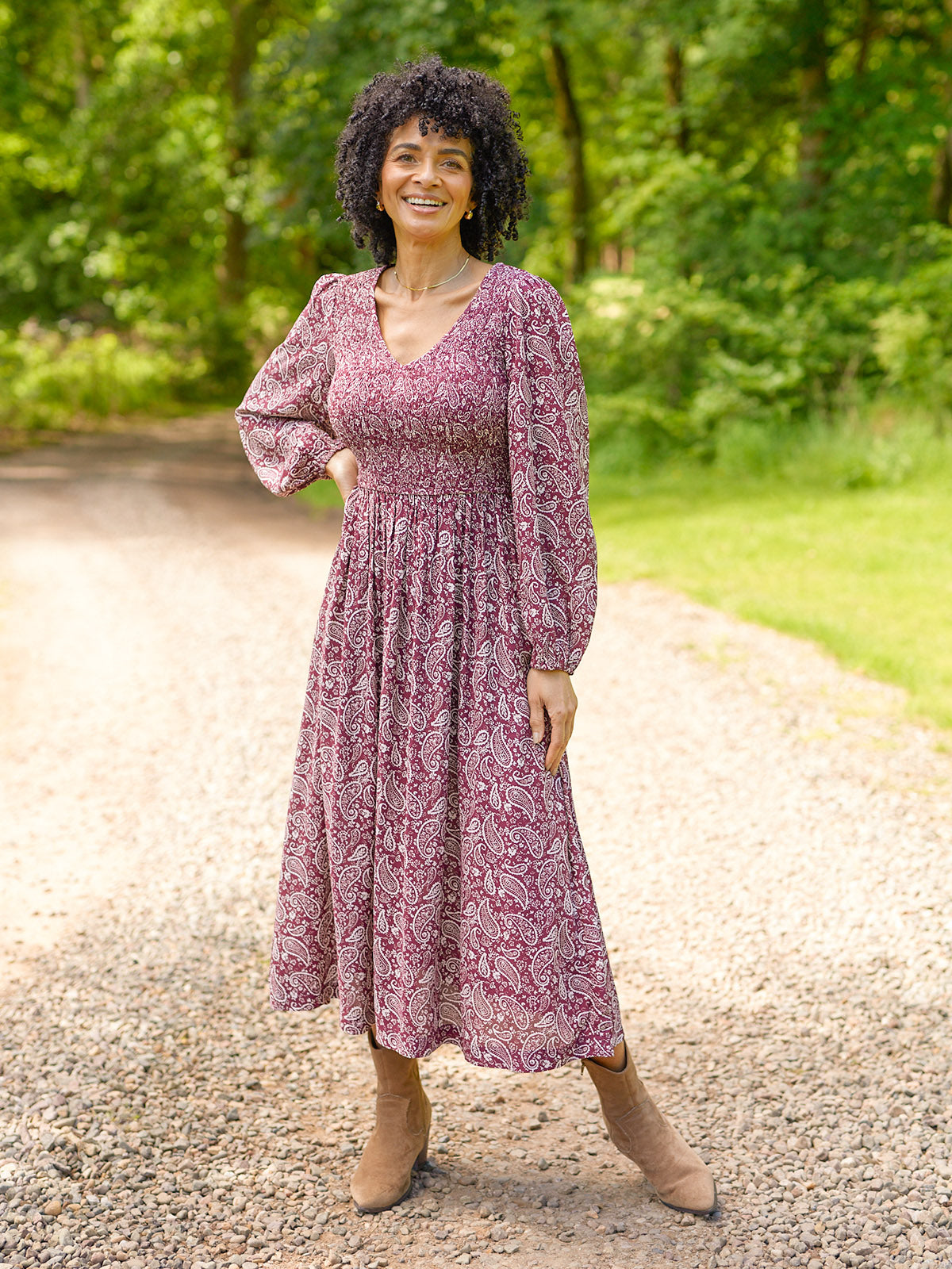 Gillian Shirred Bodice Dress - Maroon Paisley Print