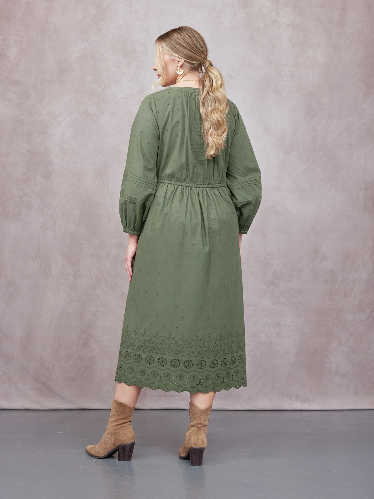 Ellen Long Sleeve Tie Waist Broderie Detail Dress - Khaki