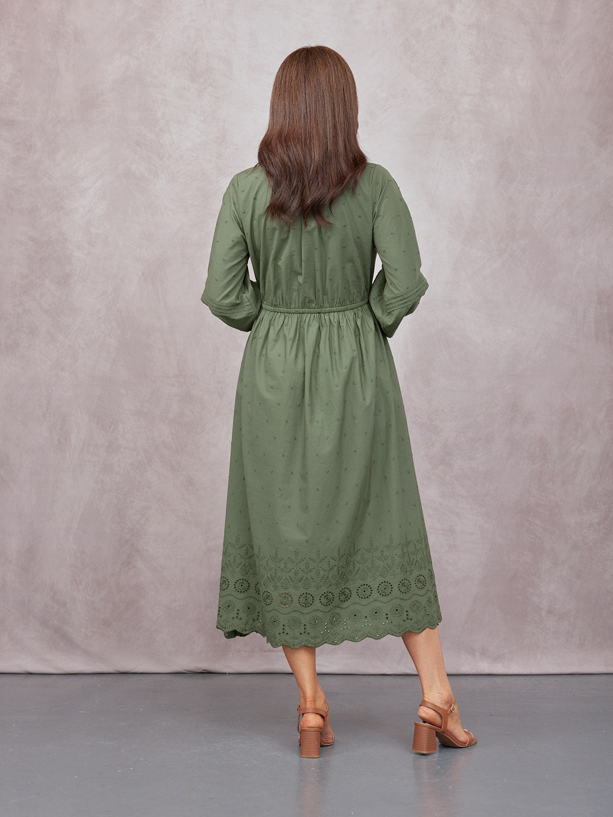 Ellen Long Sleeve Tie Waist Broderie Detail Dress - Khaki