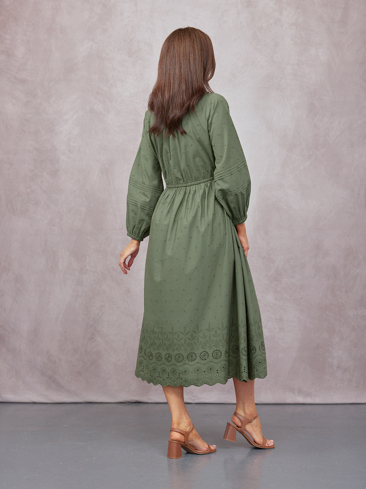 Ellen Long Sleeve Tie Waist Broderie Detail Dress - Khaki