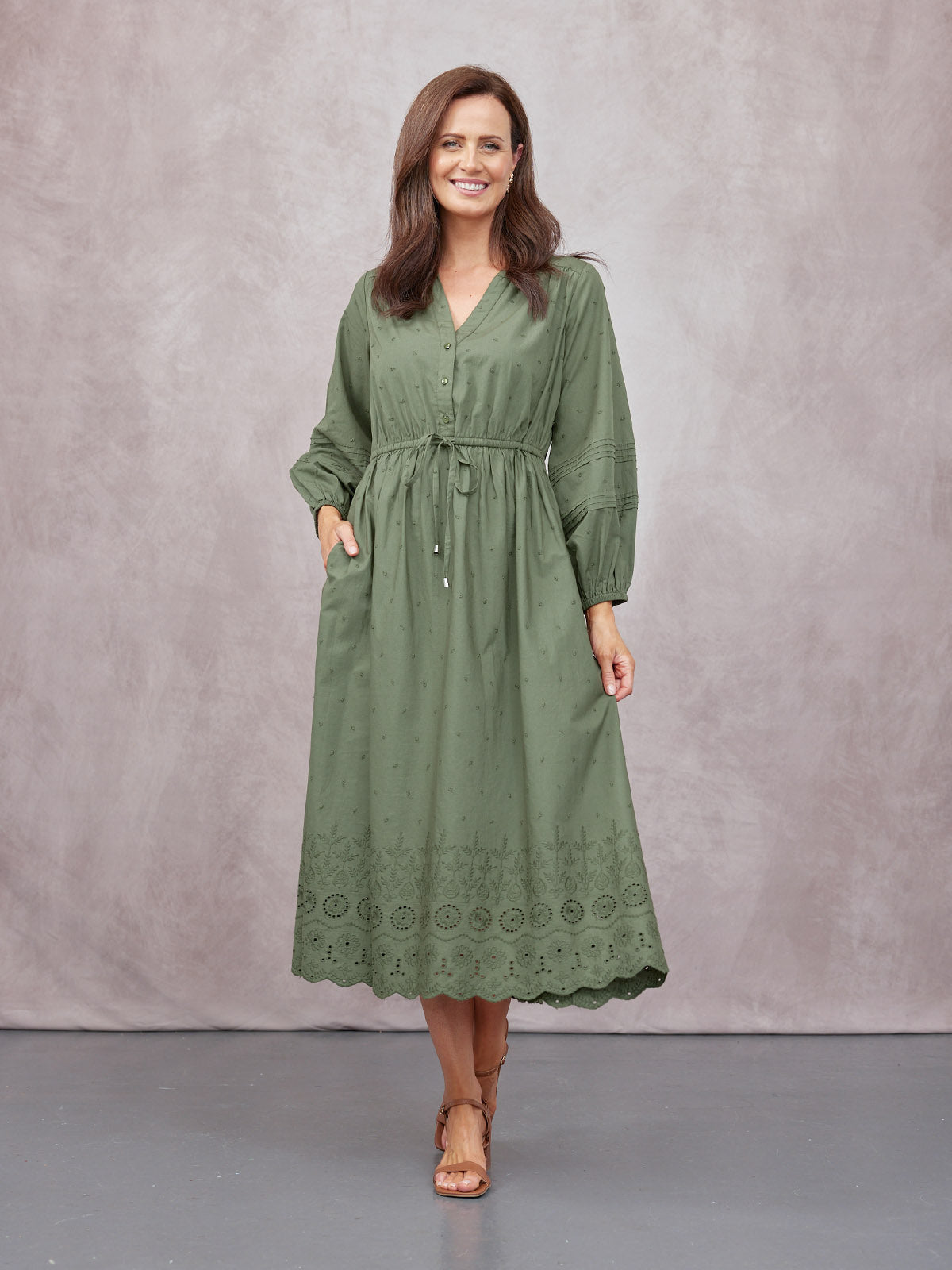Ellen Long Sleeve Tie Waist Broderie Detail Dress - Khaki
